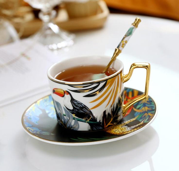 Elegant Tea Cup and Saucer, Jungle Toucan Pattern Porcelain Coffee Cups, 7.4 oz Coffee Cups with Gold Trim and Gift Box-Paintingforhome