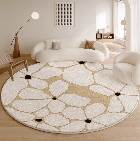 Flower Pattern Circular Modern Rugs under Chairs, Contemporary Modern Rugs for Living Room, Geometric Round Rugs for Dining Room, Bedroom Abstract Modern Area Rugs-Paintingforhome