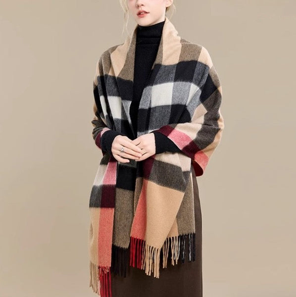 Long Wool Scarf, Soft Wool Scarf for Women, Checkered Fashion Scarf, Warm Cape, Gifts for Her, Evening Wrap, Christmas Gift, Winter Shawl, Elegant Shawl-Paintingforhome