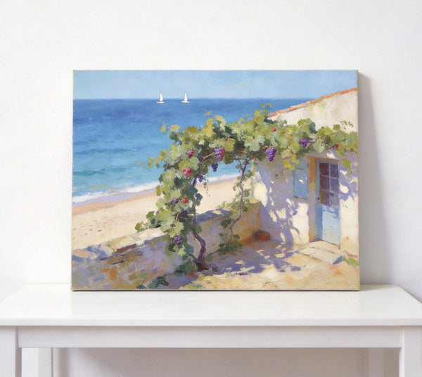 Original Landscape Paintings, Summer Glow on the Vine-Covered Terrace, Hand Painted Canvas Art, Seashore Beach Painting, Small Canvas Wall Art Paintings, Buy Art Online, Original Oil Paintings-Paintingforhome