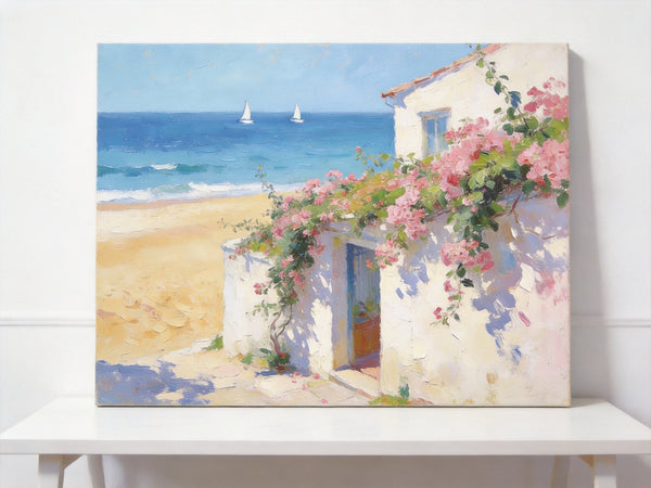 Original Small Paintings, Sunlit Seaside Cottage with Bougainvillea, Seashore Beach Painting, Hand Painted Canvas Art, Small Canvas Wall Art Paintings, Original Oil Paintings-Paintingforhome