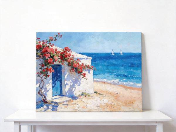 Bougainvillea by the Turquoise Shore, Original Small Paintings, Seashore Beach Painting, Hand Painted Canvas Art, Small Canvas Wall Art Paintings, Original Oil Paintings-Paintingforhome