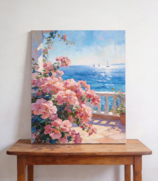 Terrace Blooms and Distant Sails, Original Landscape Paintings, Small Canvas Wall Art Paintings, Original Oil Paintings, Hand Painted Canvas Art-Paintingforhome