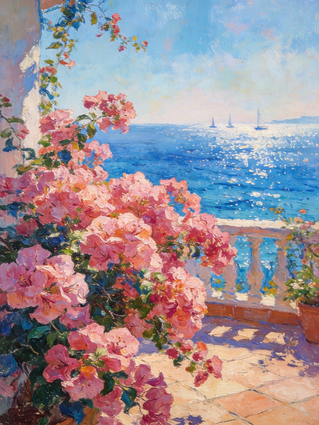 Terrace Blooms and Distant Sails, Original Landscape Paintings, Small Canvas Wall Art Paintings, Original Oil Paintings, Hand Painted Canvas Art-Paintingforhome