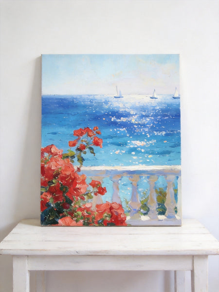Tranquil Noon at the Coastal Bougainvillea Nook, Hand Painted Canvas Art, Original Landscape Paintings, Small Canvas Wall Art Paintings, Original Oil Paintings-Paintingforhome