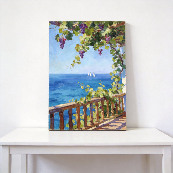 Original Landscape Paintings, Seaside Terrace Under the Grape Canopy, Hand Painted Canvas Art, Small Canvas Wall Art Paintings, Original Oil Paintings-Paintingforhome