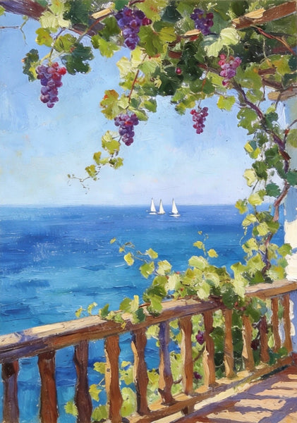 Original Landscape Paintings, Seaside Terrace Under the Grape Canopy, Hand Painted Canvas Art, Small Canvas Wall Art Paintings, Original Oil Paintings-Paintingforhome