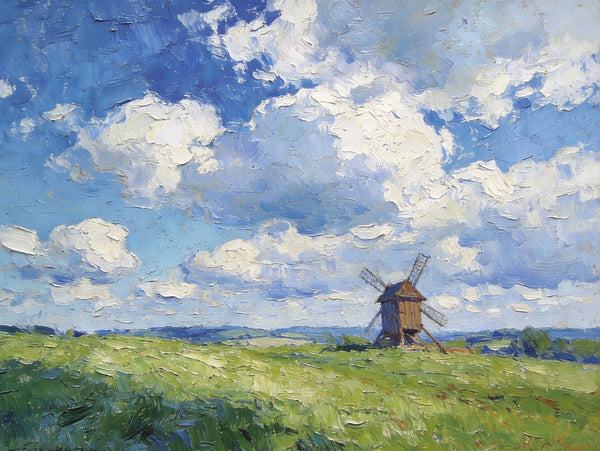 Small Wall Paintings, Windmill on the Vast Meadow, Landscape Artwork Canvas Paintings, On Canvas Small Paintings, Hand Painted Canvas Art, Original Landscape Paintings-Paintingforhome