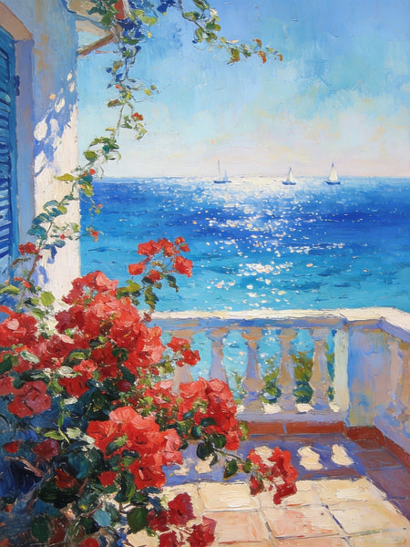 Original Landscape Paintings, Summer Glow on the Flowered Balcony, Small Canvas Wall Art Paintings, Original Oil Paintings, Hand Painted Canvas Art-Paintingforhome