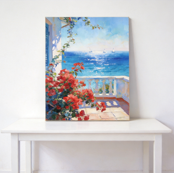 Original Landscape Paintings, Summer Glow on the Flowered Balcony, Small Canvas Wall Art Paintings, Original Oil Paintings, Hand Painted Canvas Art-Paintingforhome