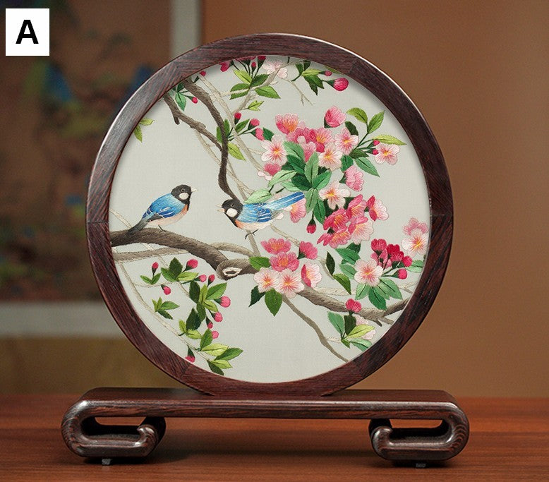 Creative Birthday Gift, Flower and Birds Embroidery Ornaments, Traditional Chinese Suzhou Silk Embroidered Ornament, Premium Souvenir, Exclusive Business Presents-Paintingforhome