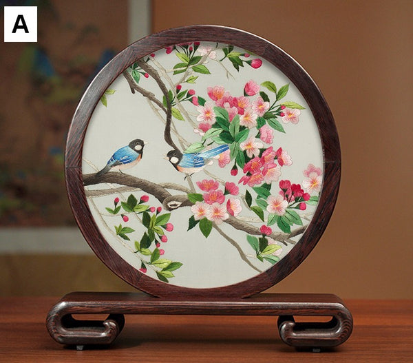 Creative Birthday Gift, Flower and Birds Embroidery Ornaments, Traditional Chinese Suzhou Silk Embroidered Ornament, Premium Souvenir, Exclusive Business Presents-Paintingforhome