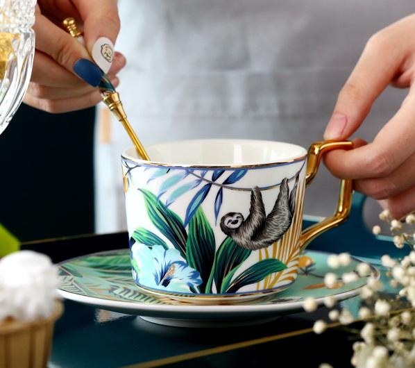 Elegant Porcelain Coffee Cups, Coffee Cups with Gold Trim and Gift Box, 7.4 oz Tea Cup and Saucer, Jungle Animal Porcelain Coffee Cups-Paintingforhome