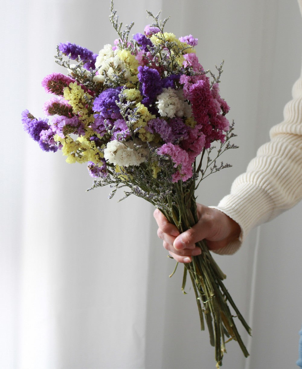 Bunch Dried Statices Flowers, Colorful Preserved Floral Bunch, Everlasting Papery Blooms, Purple And Yellow Statice Bouquet, Rustic Farmhouse Style