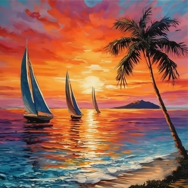 Original Small Landscape Paintings, Hawaii Seashore Sail Boat Palm Tree Painting, Beach Sunset Painting, Heavy Texture Acrylic Artwork, Easy Landscape Painting Ideas, Simple Small Canvas Paintings-Paintingforhome