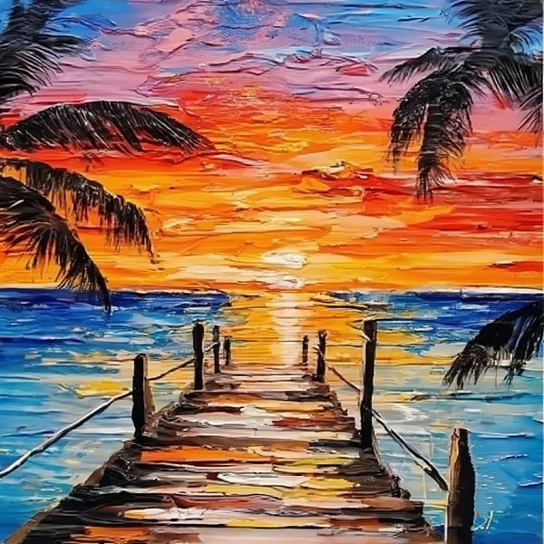 Original Small Landscape Paintings, Hawaii Seashore Palm Tree Painting, Easy Landscape Painting Ideas, Simple Small Canvas Paintings, Beach Sunset Painting, Heavy Texture Acrylic Artwork-Paintingforhome