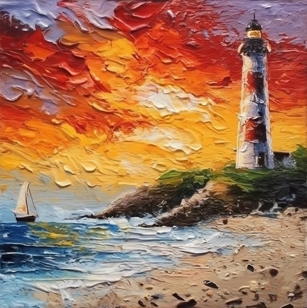 Small Hand Painted Art, Seashore Lighthouse Sunset Painting, Heavy Texture Canvas Artwork, Easy Landscape Painting Ideas, Simple Small Canvas Paintings-Paintingforhome