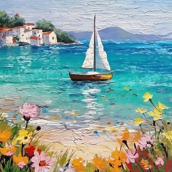 Small Hand Painted Canvas Art, Easy Landscape Painting Ideas, Simple Small Canvas Paintings, Sail Boat Seashore Floral Beach Painting, Original Small Landscape Paintings, Heavy Texture Canvas Art-Paintingforhome