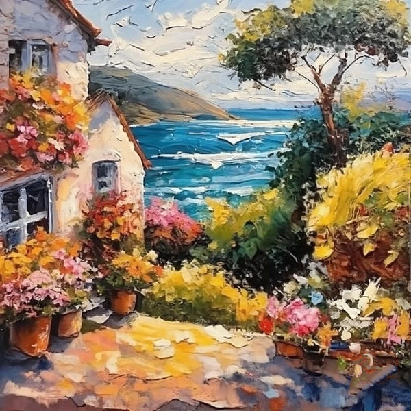 Simple Small Canvas Paintings, Seashore Summer Resort Painting, Original Paintings, Small Landscape Paintings, Heavy Texture Canvas Paintings, Easy Landscape Painting Ideas-Paintingforhome