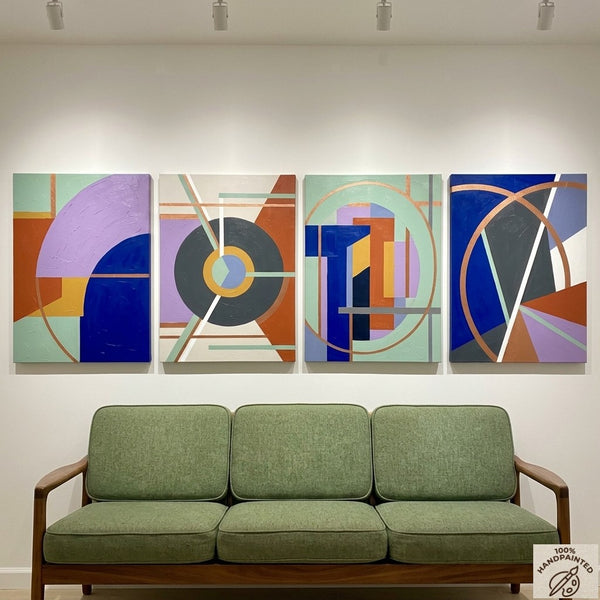 Large Absract Paintings for Modern Living Room, Contemporary Geometric Art, Multi Panel Group Artwork