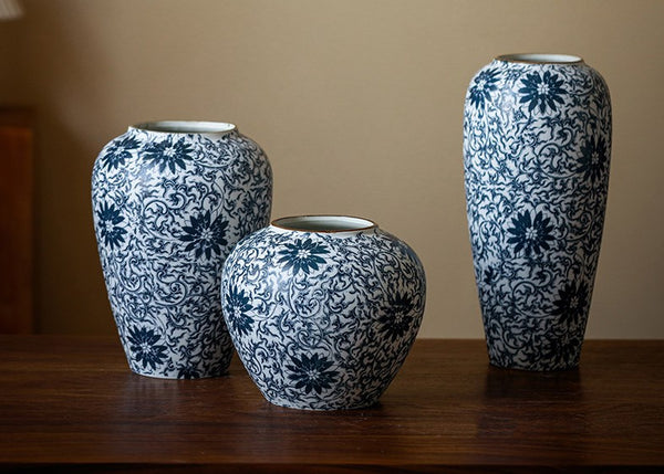 Vintage Bouquet Flower Vases, Centerpiece on Dining Table, Large Blue Flower Vase on Table, Handmade Porcelain Flower Vases Urn, Water Holding Flower Vases-Paintingforhome