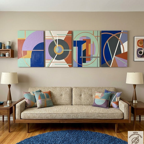 Large Absract Paintings for Modern Living Room, Contemporary Geometric Art, Multi Panel Group Artwork