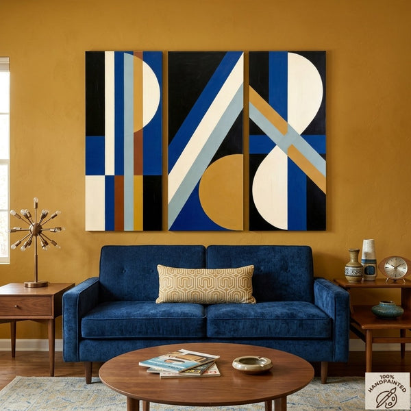 Multi Panel Canvas Art, Oversized Group Paintings, Geometric Abstract Paintings, Modern Paintings for Mid Century Living Room