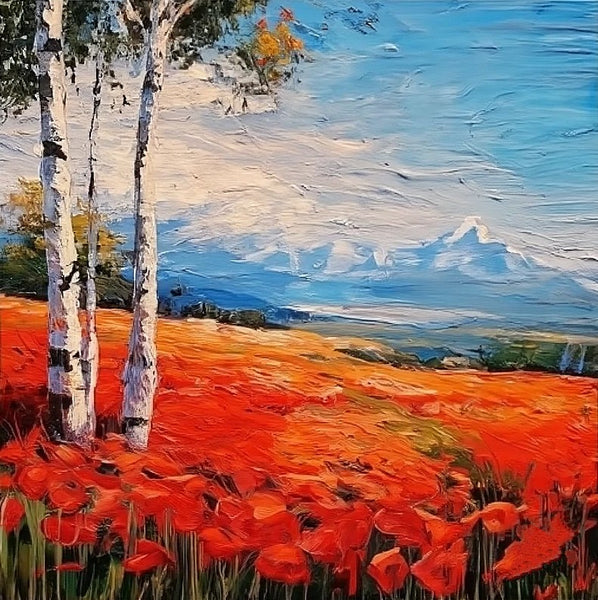 Simple Small Canvas Paintings, Red Poppy Field Birch Tree Landscape Painting, Original Small Landscape Paintings, Heavy Texture Canvas Art, Palette Knife Paintings, Easy Landscape Painting Ideas-Paintingforhome