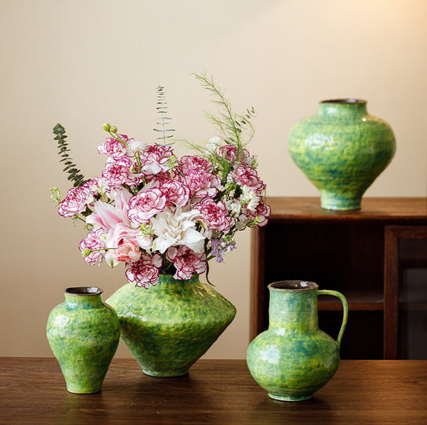 Modern Pottery Flower Vases, Handmade Water Holding Flower Vases, Pottery Bud Vases, Large Green Flower Vases on Table, Centerpiece on Dining Table-Paintingforhome