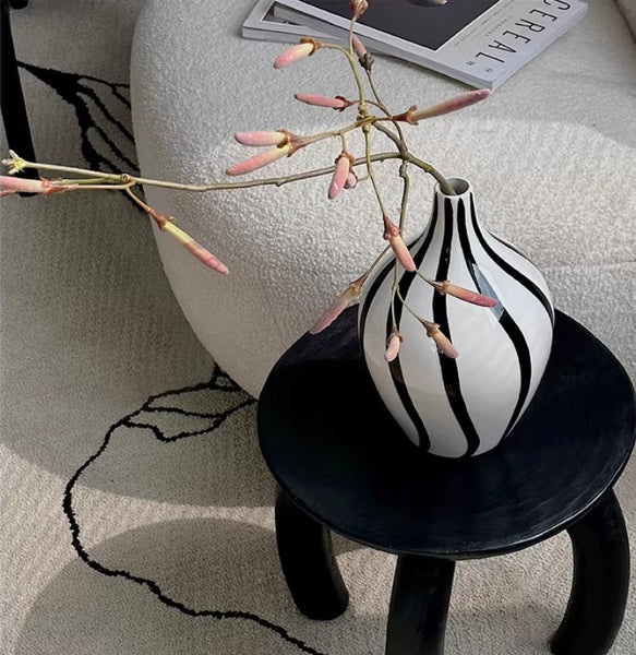 Water Holding Flower Vases, Black and White Striped Ceramic Vase, Porcelain Flower Vases, Modern Flower Vases on Table-Paintingforhome