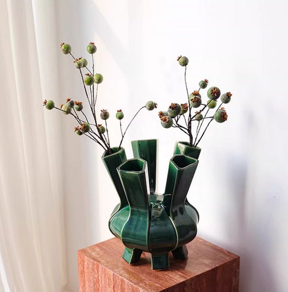 Unique Handmade Modern Flower Vase, Centerpiece Ceramic Bouquet Vases, Contemporary Vases on Dining Table, Green Porcelain Vases for Modern Home Decor-Paintingforhome