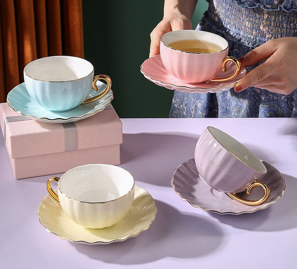 Elegant Macaroon Ceramic Coffee Cups, Beautiful British Tea Cups, Creative Porcelain Tea Cup Saucer Set of 2 Cups, 6.8 oz Tea Cup and Saucer in Gift Box as Birthday Gift-Paintingforhome
