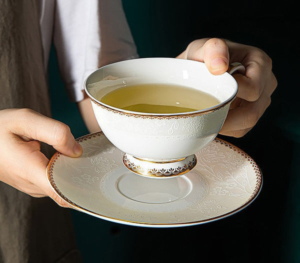 Elegant British Ceramic Coffee Cups, Bone China Porcelain Coffee Cup Set, White Ceramic Cups, Unique Tea Cup and Saucer in Gift Box-Paintingforhome