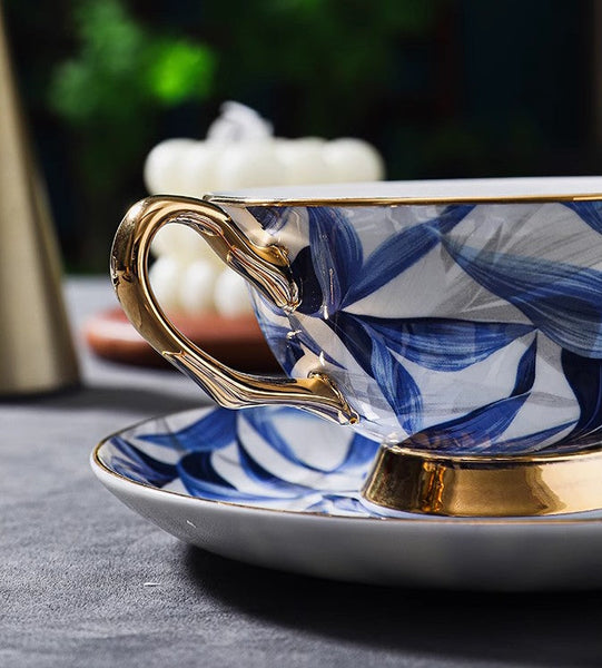 Unique British Tea Cup and Saucer in Gift Box, Blue Porcelain Tea Cup Saucer Set, 7.4 oz British Ceramic Coffee Cups-Paintingforhome