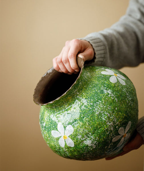 Modern Pottery Flower Vases, Centerpiece on Dining Table, Handmade Water Holding Flower Vases, Pottery Bud Vases, Large Green Flower Vases on Table-Paintingforhome