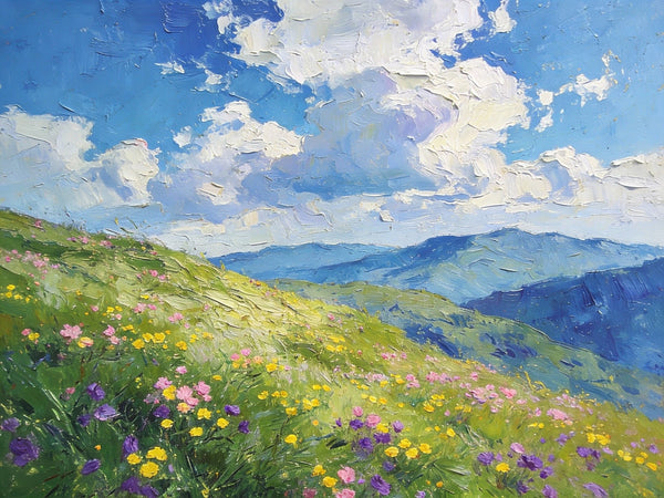 Small Canvas Art, Mountainous Landscape with Blossoming Meadows, Original Wall Paintings, On Canvas Small Paintings, Original Artwork Small Paintings, Small Landscape Paintings-Paintingforhome