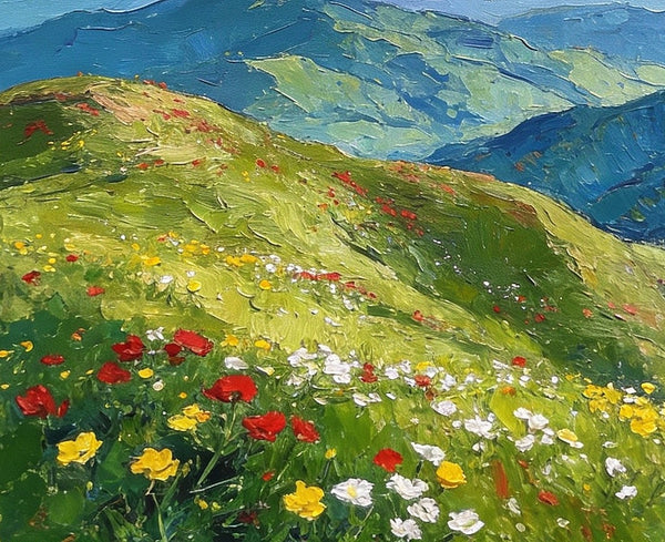 Original Small Paintings, A Flowering Hillside Under an Azure Sky, Small Oil Paintings, Small Wall Paintings, Landscape Artwork Canvas Paintings-Paintingforhome