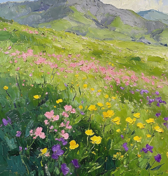 Small Oil Paintings, Mountain Meadow in Bloom, A Lush Floral Landscape, Original Small Paintings, Landscape Artwork Small Paintings, Small Wall Paintings-Paintingforhome