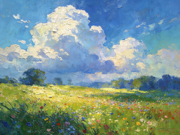 Valley in Bloom, Sunlight, Clouds, and Colorful Flora, Small Oil Paintings on Canvas, Hand Painted Canvas Art, Heavy Texture Oil Paintings, Original Artwork Small Paintings, Small Wall Paintings-Paintingforhome