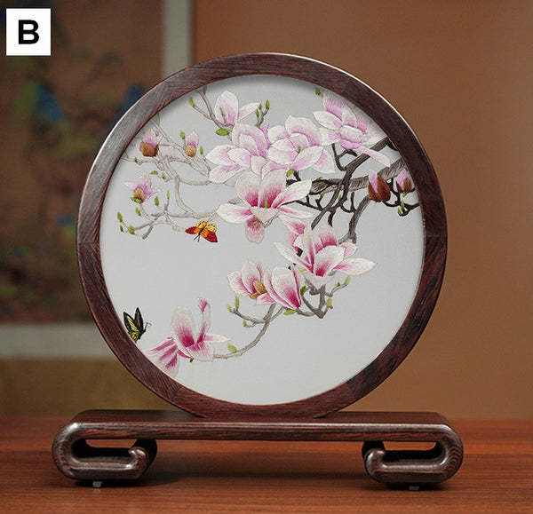 Creative Birthday Gift, Flower and Birds Embroidery Ornaments, Traditional Chinese Suzhou Silk Embroidered Ornament, Premium Souvenir, Exclusive Business Presents-Paintingforhome