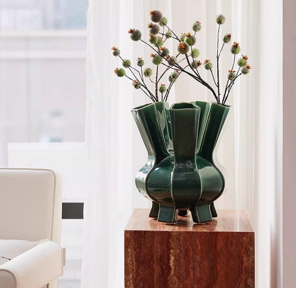 Unique Handmade Modern Flower Vase, Centerpiece Ceramic Bouquet Vases, Contemporary Vases on Dining Table, Green Porcelain Vases for Modern Home Decor-Paintingforhome