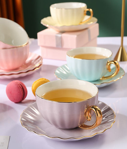 Handmade Beautiful British Tea Cups, Creative Porcelain Tea Cup Saucer Set of 2 Cups, Elegant Macaroon Ceramic Coffee Cups, 6.8 oz Tea Cup and Saucer in Gift Box as Birthday Gift-Paintingforhome