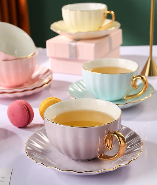 Elegant Macaroon Ceramic Coffee Cups, 6.8 oz Tea Cup and Saucer Set of 2 Cups in Gift Box as Birthday Gift, Beautiful British Tea Cups, Creative Porcelain Tea Cup Set-Paintingforhome