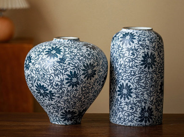 Vintage Bouquet Flower Vases, Centerpiece on Dining Table, Large Blue Flower Vase on Table, Handmade Porcelain Flower Vases Urn, Water Holding Flower Vases-Paintingforhome