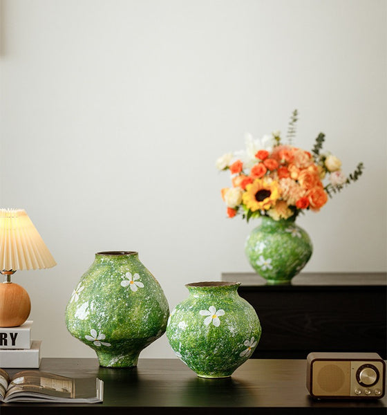 Modern Pottery Flower Vases, Centerpiece on Dining Table, Handmade Water Holding Flower Vases, Pottery Bud Vases, Large Green Flower Vases on Table-Paintingforhome