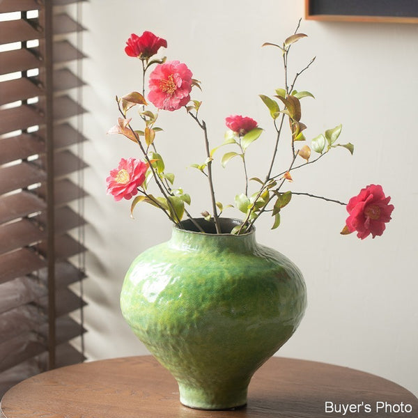 Modern Pottery Flower Vases, Handmade Water Holding Flower Vases, Pottery Bud Vases, Large Green Flower Vases on Table, Centerpiece on Dining Table-Paintingforhome