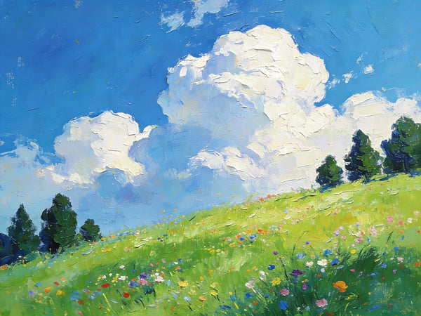 Beneath a Sky of Clouds, a Hillside in Bloom, Small Paintings on Canvas, Hand Painted Canvas Art, Small Landscape Paintings, Original Oil Paintings, Small Paintings As Birthday Gift-Paintingforhome