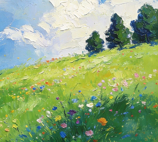Beneath a Sky of Clouds, a Hillside in Bloom, Small Paintings on Canvas, Hand Painted Canvas Art, Small Landscape Paintings, Original Oil Paintings, Small Paintings As Birthday Gift-Paintingforhome