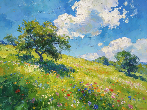 Lush Green Fields Under a Cloudy Sky, Small Oil Paintings on Canvas, Small Wall Paintings, Hand Painted Canvas Art, Heavy Texture Oil Paintings, Original Artwork Small Paintings-Paintingforhome