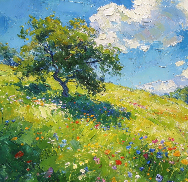 Lush Green Fields Under a Cloudy Sky, Small Oil Paintings on Canvas, Small Wall Paintings, Hand Painted Canvas Art, Heavy Texture Oil Paintings, Original Artwork Small Paintings-Paintingforhome